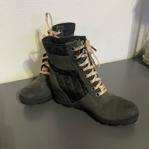 Sorel PDXlace up Lexie Wedge black quarry leather canvas 9.5 - Picture 2 of 4